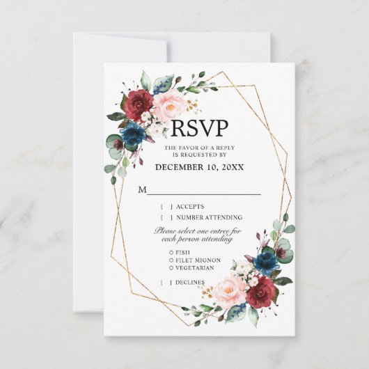 Burgundy Navy Blush Floral Gold Geometric Wedding RSVP Kaartje (Voorkant)