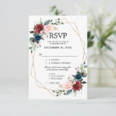Burgundy Navy Blush Floral Gold Geometric Wedding RSVP Kaartje (Staand voorkant)