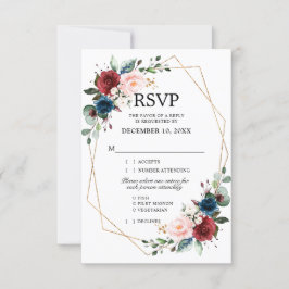 Burgundy Navy Blush Floral Gold Geometric Wedding RSVP Kaartje