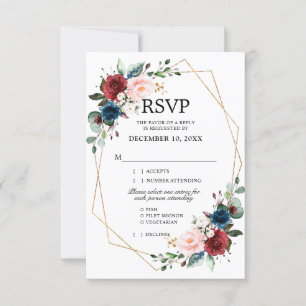 Burgundy Navy Blush Floral Gold Geometric Wedding RSVP Kaartje