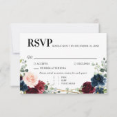 Burgundy Navy Blush Floral Gold Geometric Wedding RSVP Kaartje (Voorkant)