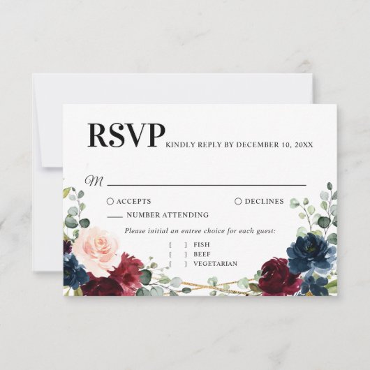 Burgundy Navy Blush Floral Gold Geometric Wedding RSVP Kaartje (Voorkant)