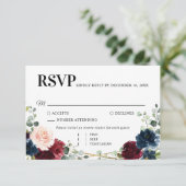 Burgundy Navy Blush Floral Gold Geometric Wedding RSVP Kaartje (Staand voorkant)