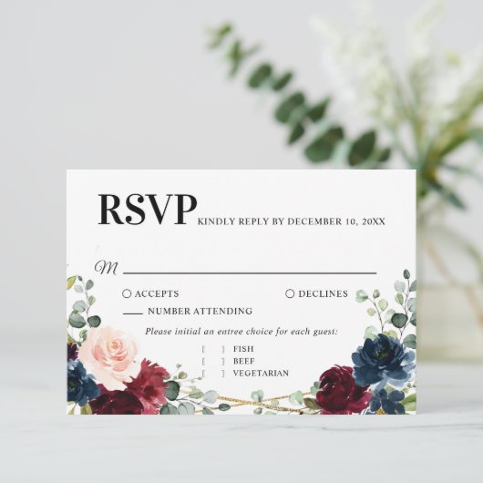 Burgundy Navy Blush Floral Gold Geometric Wedding RSVP Kaartje (Staand voorkant)