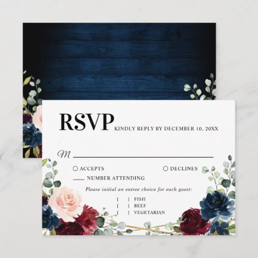 Burgundy Navy Blush Floral Gold Geometric Wedding RSVP Kaartje (Voorkant / Achterkant)