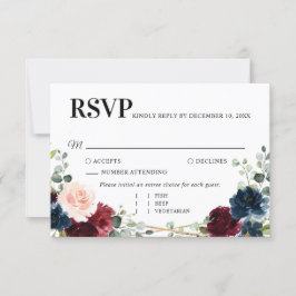 Burgundy Navy Blush Floral Gold Geometric Wedding RSVP Kaartje