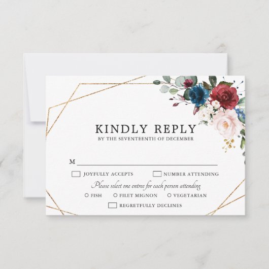 Burgundy Navy Blush Floral Gold Geometric Wedding RSVP Kaartje (Voorkant)