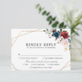 Burgundy Navy Blush Floral Gold Geometric Wedding RSVP Kaartje (Staand voorkant)