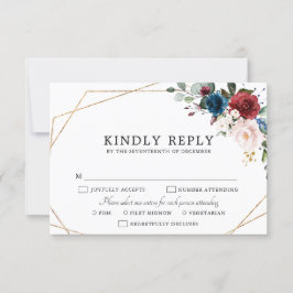 Burgundy Navy Blush Floral Gold Geometric Wedding RSVP Kaartje