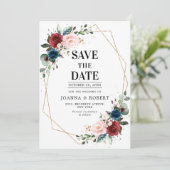 Burgundy Navy Blush Floral Gold Geometric Wedding Save The Date (Staand voorkant)