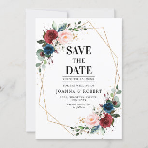 Burgundy Navy Blush Floral Gold Geometric Wedding Save The Date