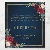 Burgundy Navy Blush Floral Gold Geometric Wedding Wijn Etiket (Enkel label)