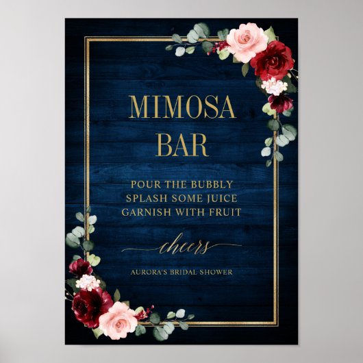 Burgundy Navy Blush Floral Gold Mimosa Bar Poster (Voorkant)