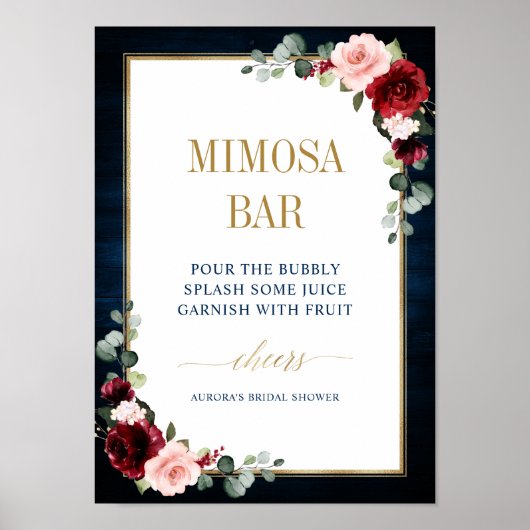 Burgundy Navy Blush Floral Gold Mimosa Bar Poster (Voorkant)