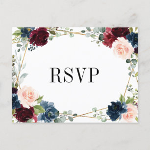Burgundy Navy Blush Floral Gold RSVP Briefkaart
