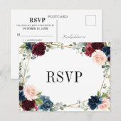 Burgundy Navy Blush Floral Gold RSVP Briefkaart (Voorkant / Achterkant)