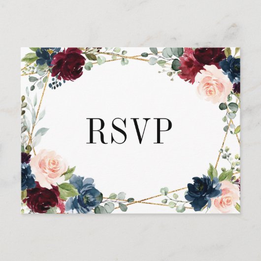 Burgundy Navy Blush Floral Gold RSVP Briefkaart (Voorkant)