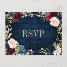 Burgundy Navy Blush Floral Gold RSVP Briefkaart