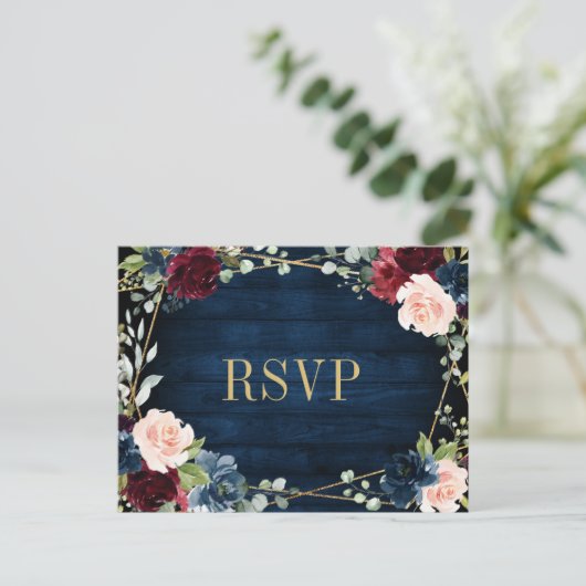 Burgundy Navy Blush Floral Gold RSVP Briefkaart (Staand voorkant)
