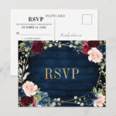Burgundy Navy Blush Floral Gold RSVP Briefkaart (Voorkant / Achterkant)
