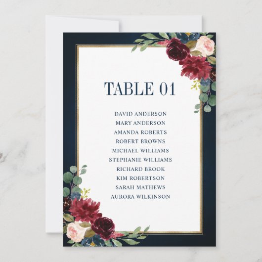 Burgundy Navy Blush Floral Gold Seating Chart Card Kaart (Voorkant)