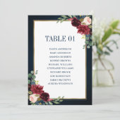 Burgundy Navy Blush Floral Gold Seating Chart Card Kaart (Staand voorkant)