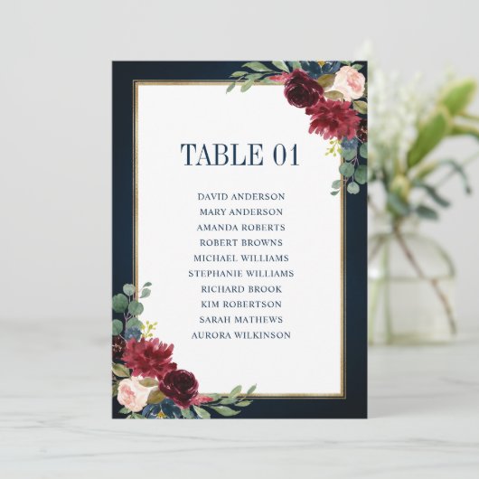 Burgundy Navy Blush Floral Gold Seating Chart Card Kaart (Staand voorkant)