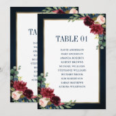 Burgundy Navy Blush Floral Gold Seating Chart Card Kaart (Voorkant / Achterkant)
