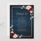 Burgundy Navy Blush Floral Gold Seating Chart Card Kaart (Voorkant)