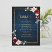 Burgundy Navy Blush Floral Gold Seating Chart Card Kaart (Staand voorkant)
