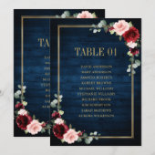 Burgundy Navy Blush Floral Gold Seating Chart Card Kaart (Voorkant / Achterkant)