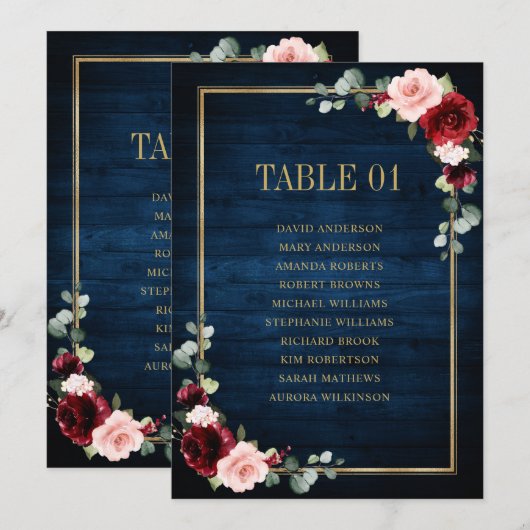 Burgundy Navy Blush Floral Gold Seating Chart Card Kaart (Voorkant / Achterkant)