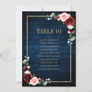 Burgundy Navy Blush Floral Gold Seating Chart Card Kaart