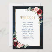 Burgundy Navy Blush Floral Gold Seating Chart Card Kaart (Voorkant)