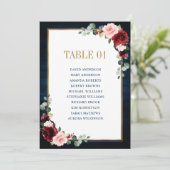 Burgundy Navy Blush Floral Gold Seating Chart Card Kaart (Staand voorkant)