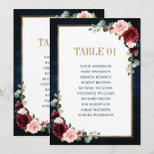 Burgundy Navy Blush Floral Gold Seating Chart Card Kaart (Voorkant / Achterkant)