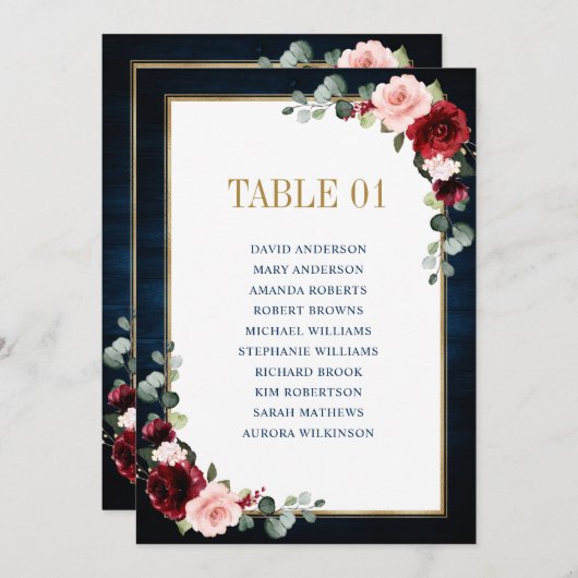 Burgundy Navy Blush Floral Gold Seating Chart Card Kaart (Voorkant / Achterkant)