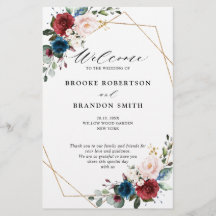 Burgundy Navy Blush Floral Gold Wedding Programme