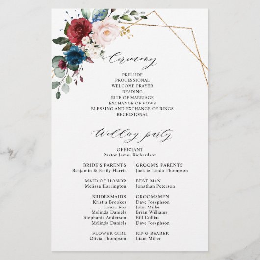 Burgundy Navy Blush Floral Gold Wedding Programme (Achterkant)