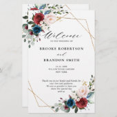 Burgundy Navy Blush Floral Gold Wedding Programme (Voorkant / Achterkant)