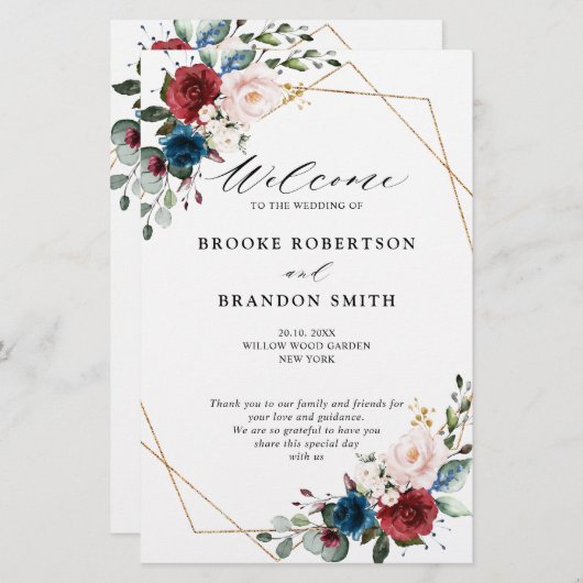 Burgundy Navy Blush Floral Gold Wedding Programme (Voorkant / Achterkant)