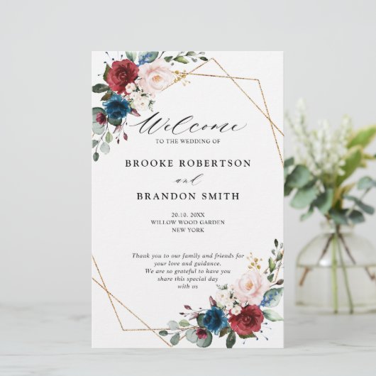 Burgundy Navy Blush Floral Gold Wedding Programme (Staand voorkant)