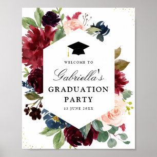 Burgundy navy & blush floral graduparty sign poster