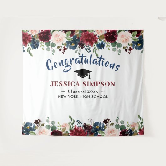 Burgundy Navy Blush Floral Photo Booth Backdrop Wandkleed (Voorkant (horizontaal))