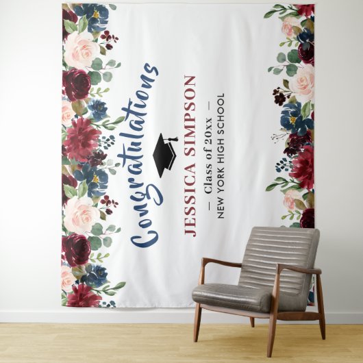 Burgundy Navy Blush Floral Photo Booth Backdrop Wandkleed (In situ)