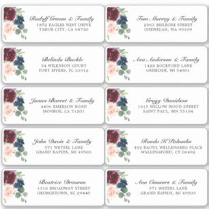 Burgundy Navy Blush Floral Wedding Guest Adres Sticker