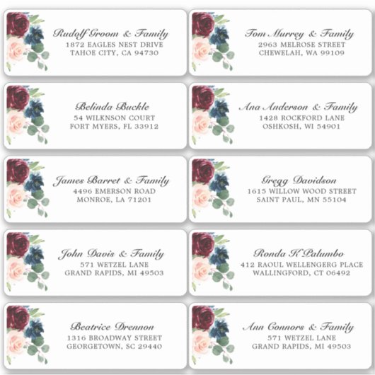 Burgundy Navy Blush Floral Wedding Guest Adres Sticker (Voorkant)