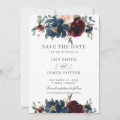 Burgundy Navy Blush Floral Wedding Save the Date Kaart (Voorkant)