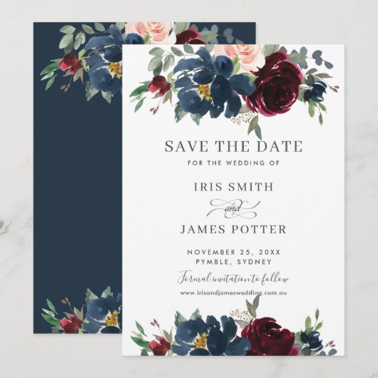 Burgundy Navy Blush Floral Wedding Save the Date Kaart (Voorkant / Achterkant)