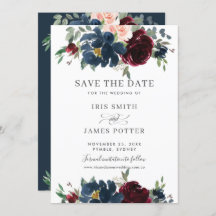 Burgundy Navy Blush Floral Wedding Save the Date